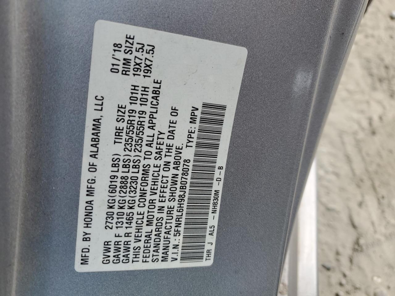 5FNRL6H98JB078078 2018 Honda Odyssey Elite