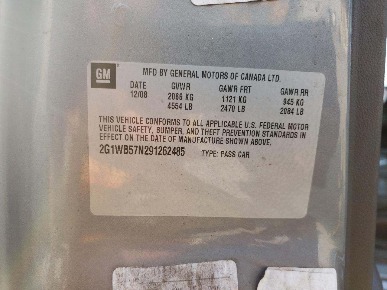 2009 Chevrolet Impala Ls VIN: 2G1WB57N291262485 Lot: 66705864