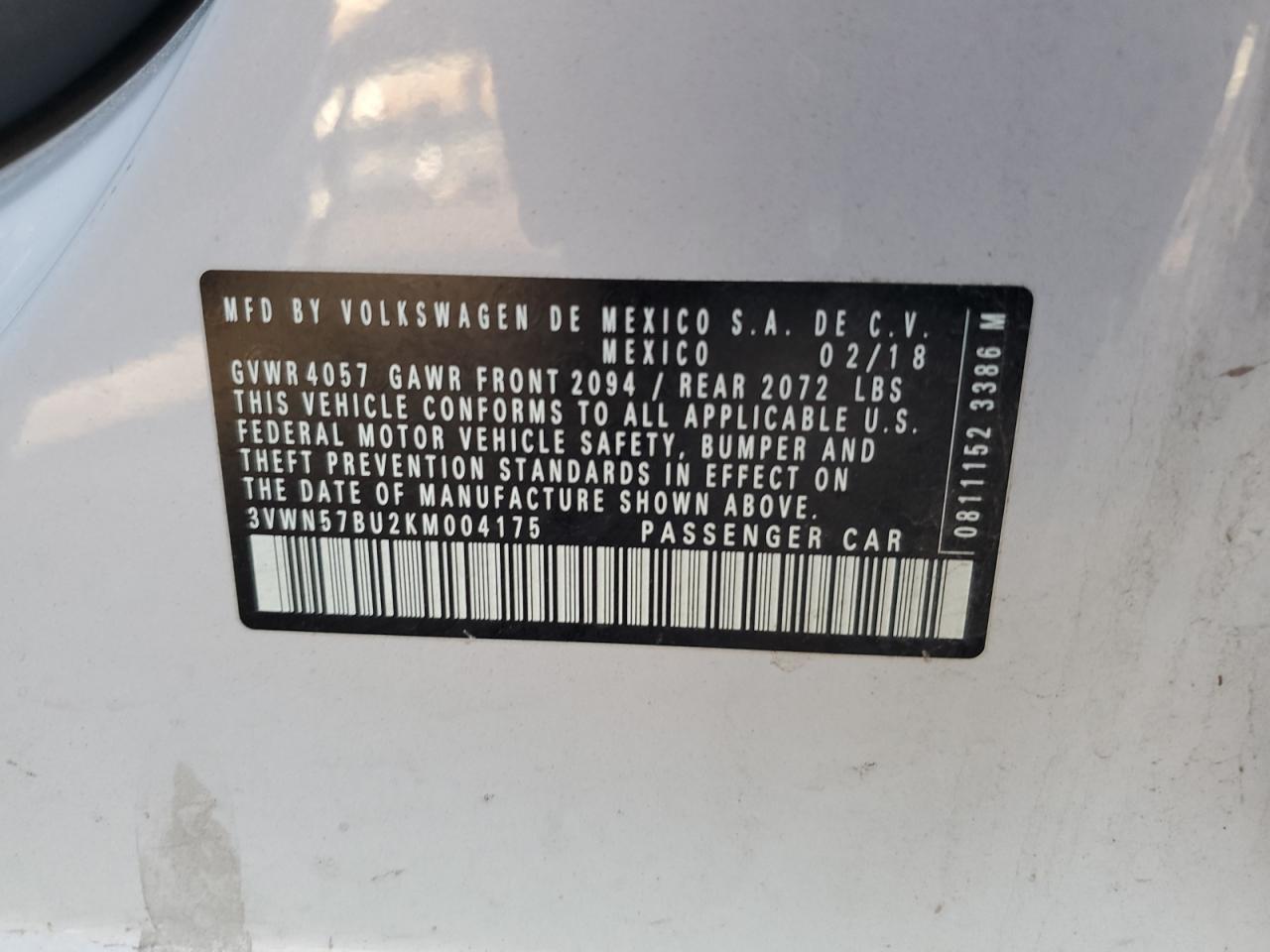 3VWN57BU2KM004175 2019 Volkswagen Jetta S