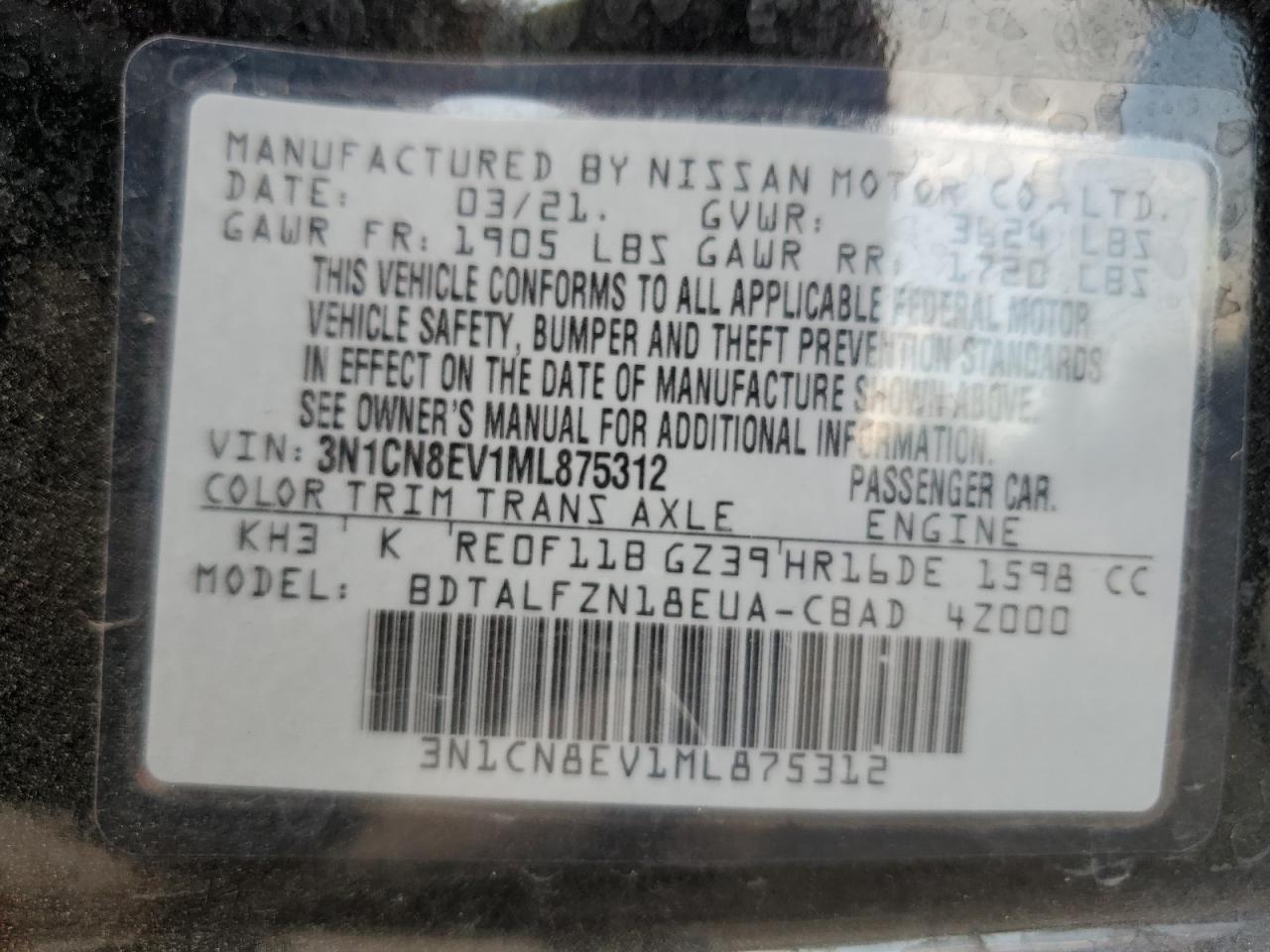 2021 Nissan Versa Sv VIN: 3N1CN8EV1ML875312 Lot: 68924314