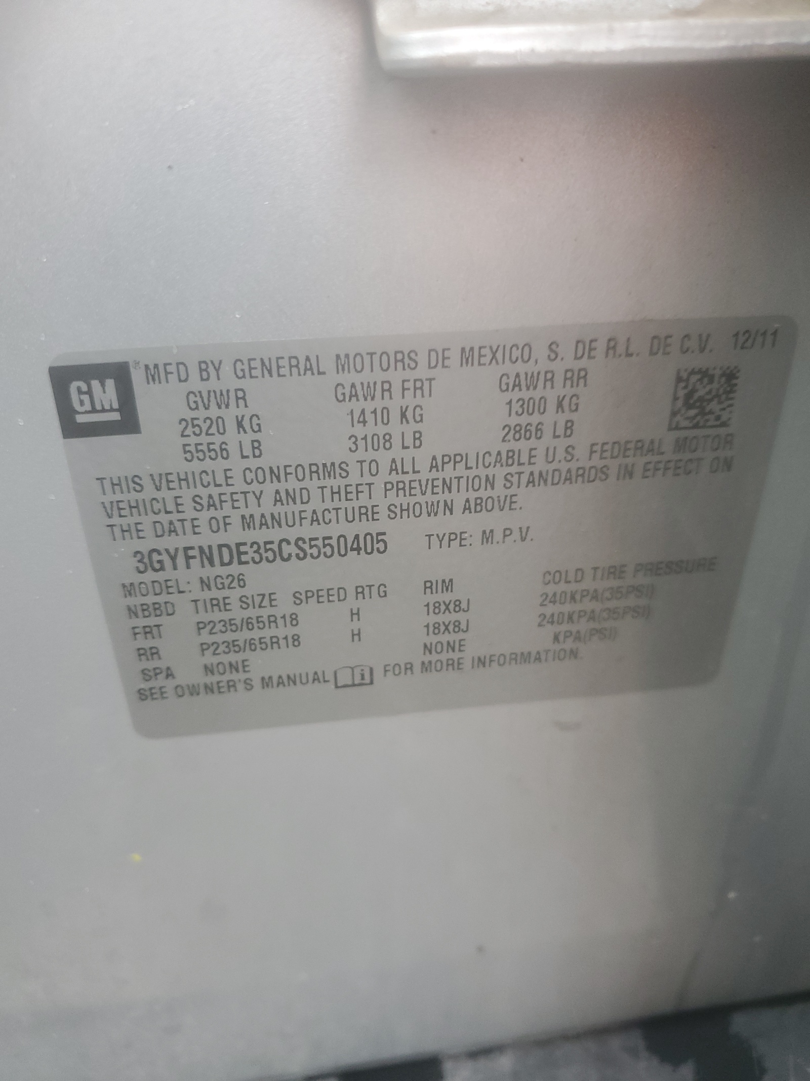 3GYFNDE35CS550405 2012 Cadillac Srx Luxury Collection