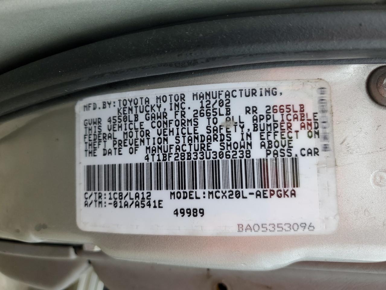 2003 Toyota Avalon Xl VIN: 4T1BF28B33U306238 Lot: 67392494