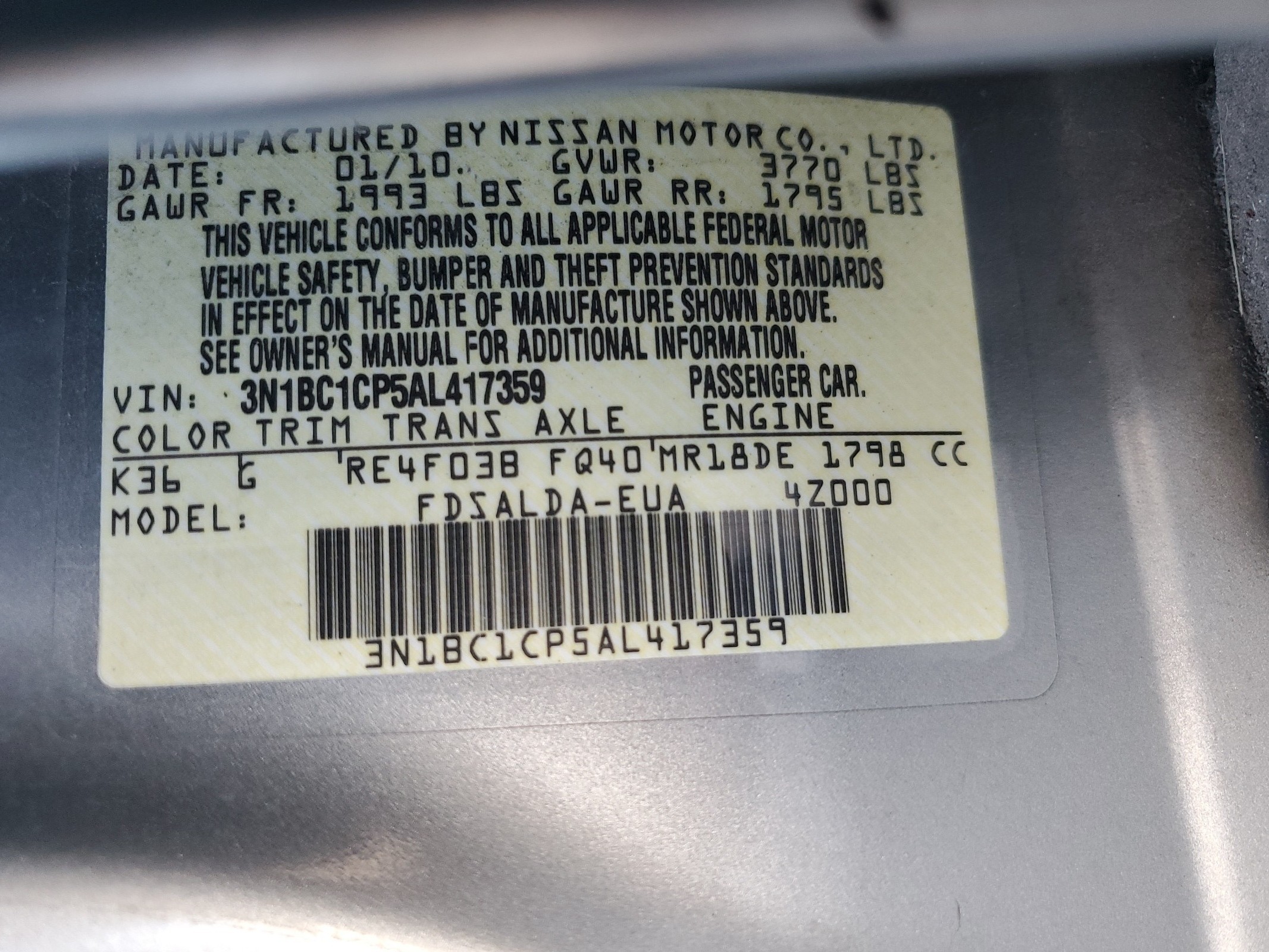 3N1BC1CP5AL417359 2010 Nissan Versa S