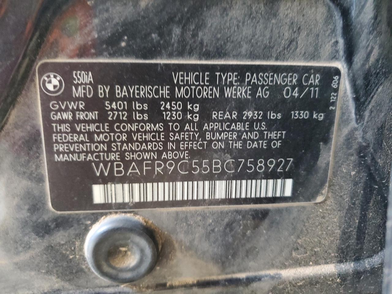 2011 BMW 550 I VIN: WBAFR9C55BC758927 Lot: 65978104