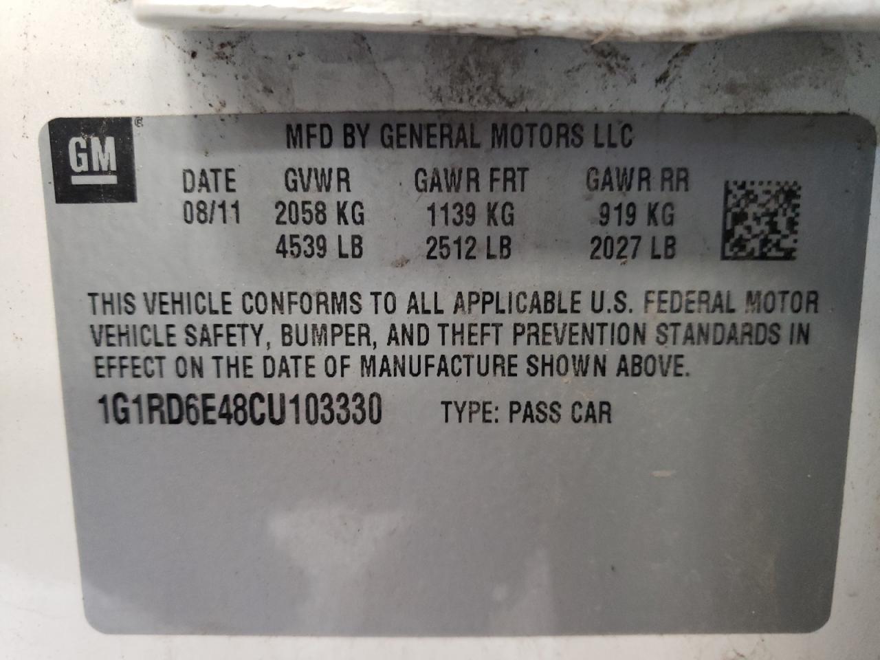 2012 Chevrolet Volt VIN: 1G1RD6E48CU103330 Lot: 68257984