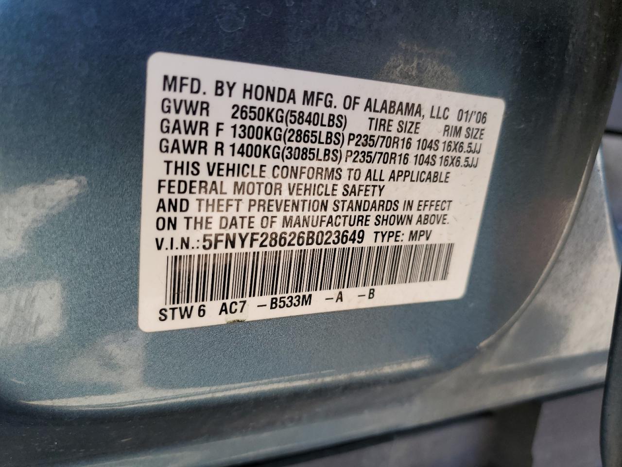 5FNYF28626B023649 2006 Honda Pilot Ex