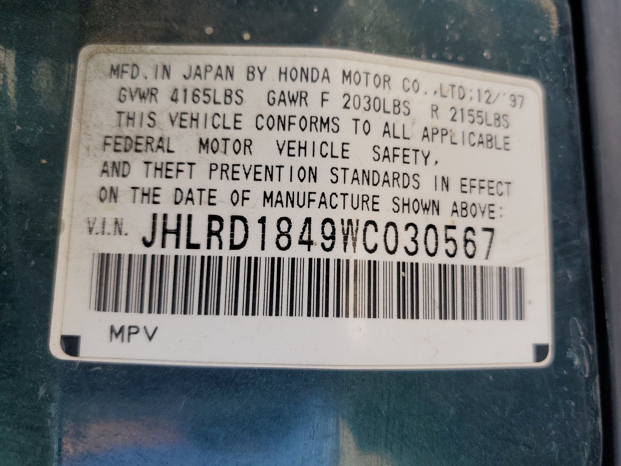 JHLRD1849WC030567 1998 Honda Cr-V Lx