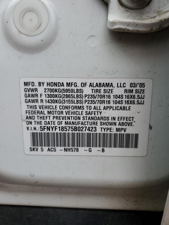 2005 Honda Pilot Exl VIN: 5FNYF18575B027423 Lot: 63663394