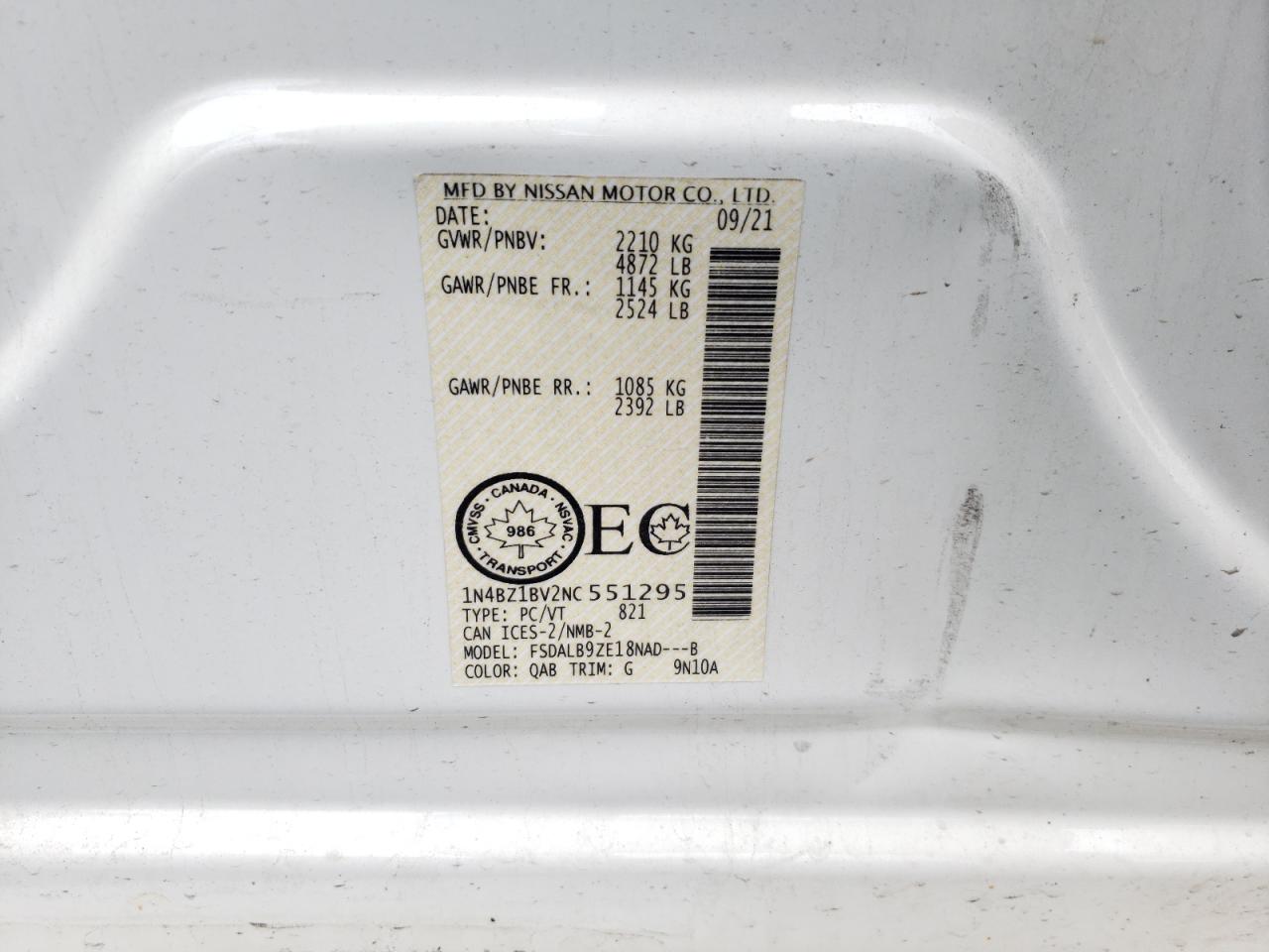 2022 Nissan Leaf S Plus VIN: 1N4BZ1BV2NC551295 Lot: 65417984