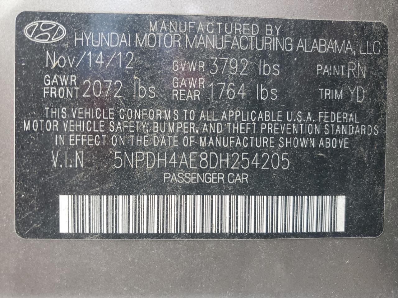2013 Hyundai Elantra Gls VIN: 5NPDH4AE8DH254205 Lot: 66767354