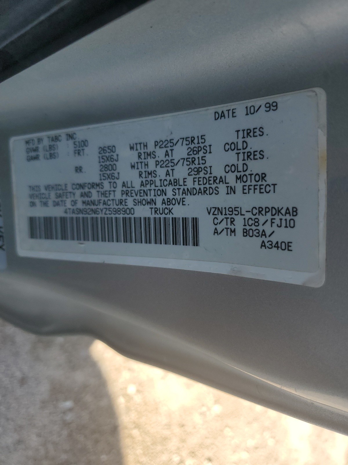 4TASN92N6YZ598900 2000 Toyota Tacoma Xtracab Prerunner