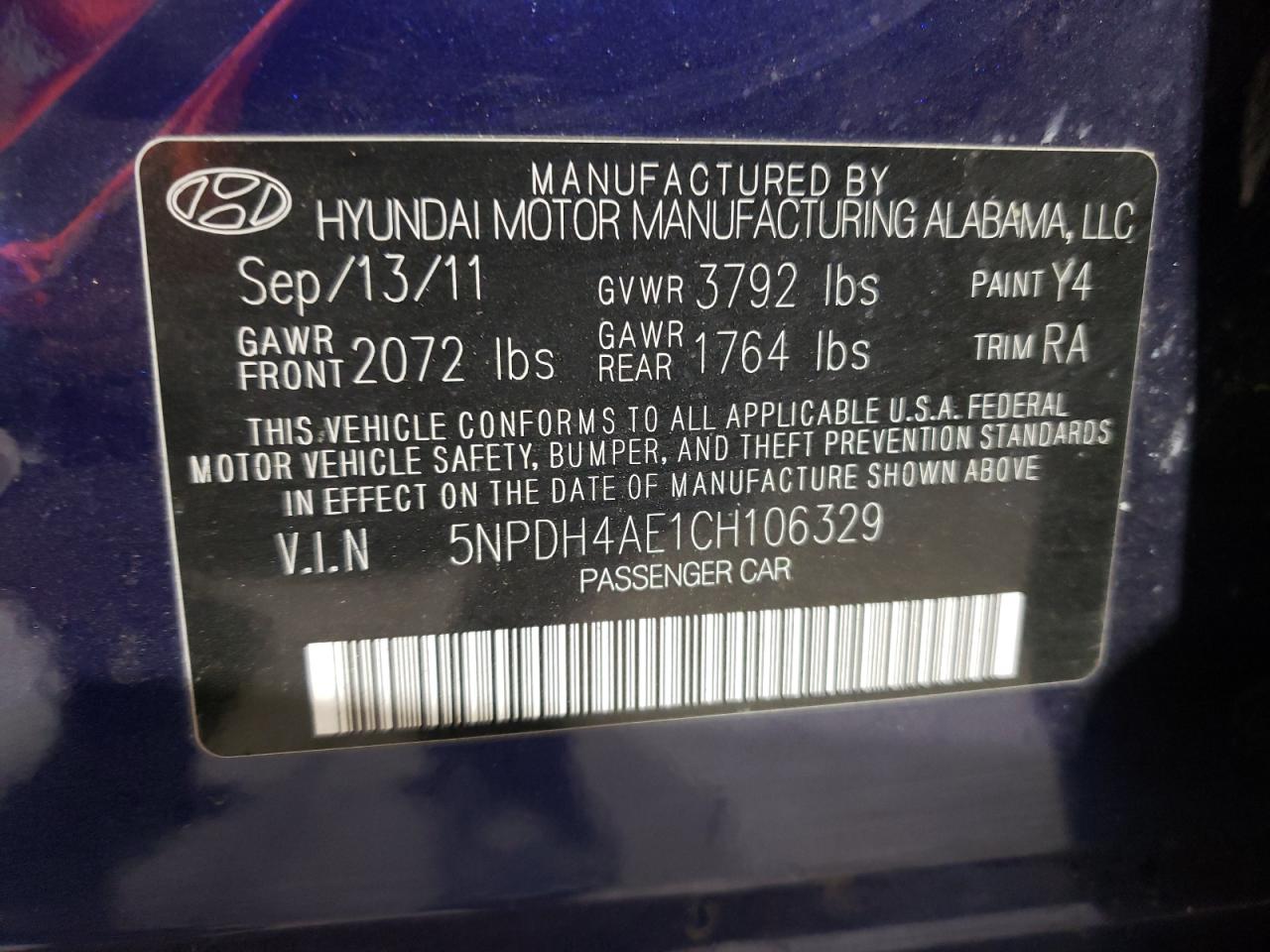 2012 Hyundai Elantra Gls VIN: 5NPDH4AE1CH106329 Lot: 66651424