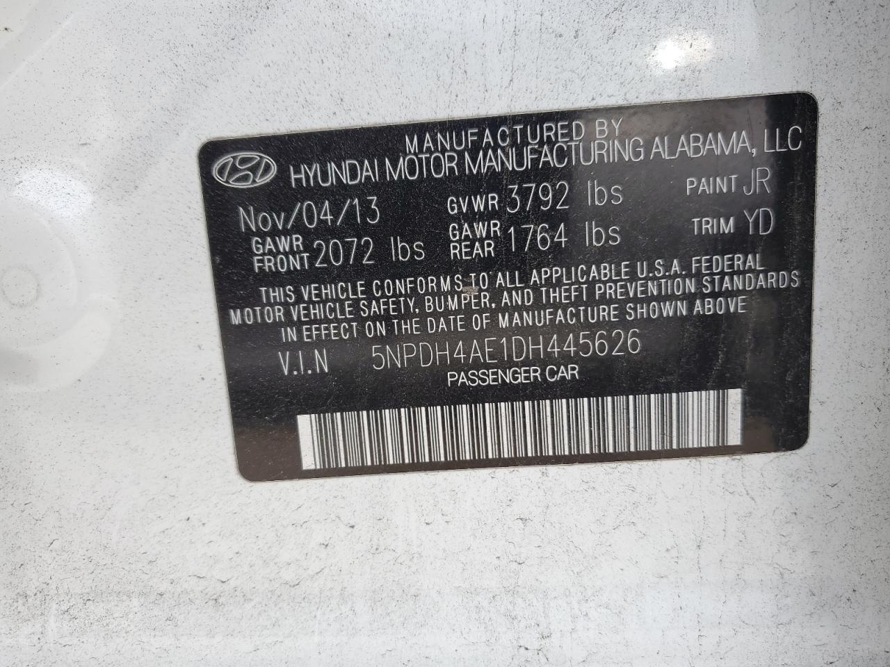 2013 Hyundai Elantra Gls VIN: 5NPDH4AE1DH445626 Lot: 67107554