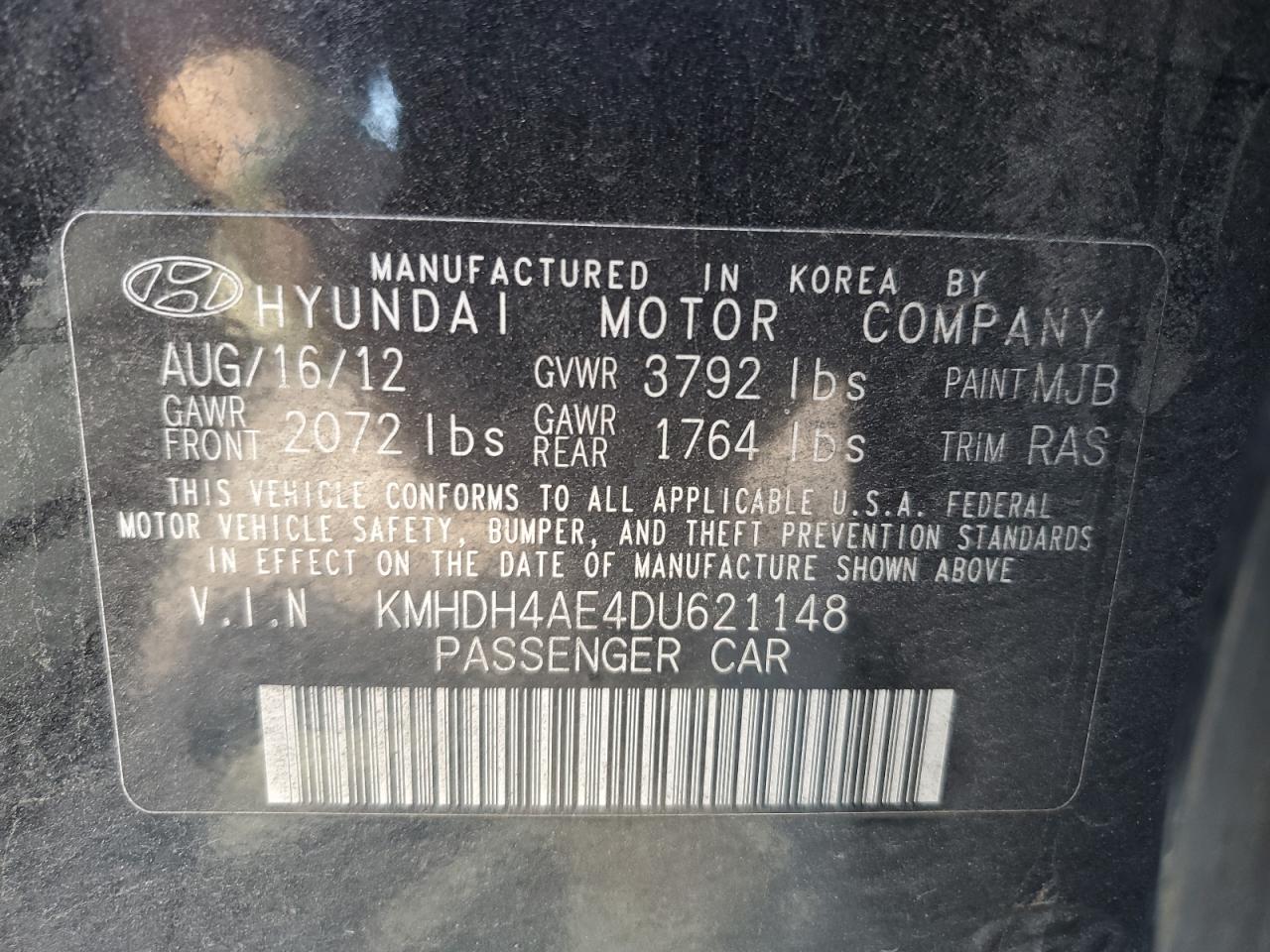 2013 Hyundai Elantra Gls VIN: KMHDH4AE4DU621148 Lot: 66351294