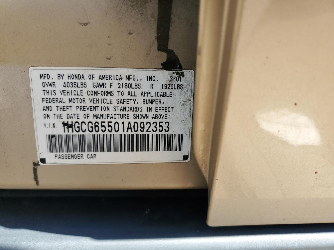 2001 Honda Accord Lx VIN: 1HGCG65501A092353 Lot: 65978434