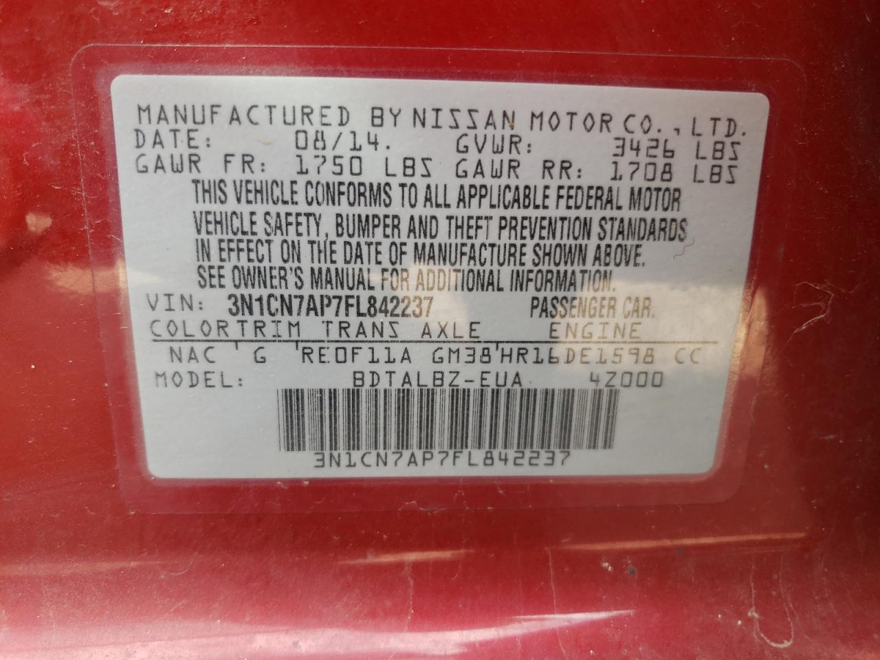 2015 Nissan Versa S VIN: 3N1CN7AP7FL842237 Lot: 64497475