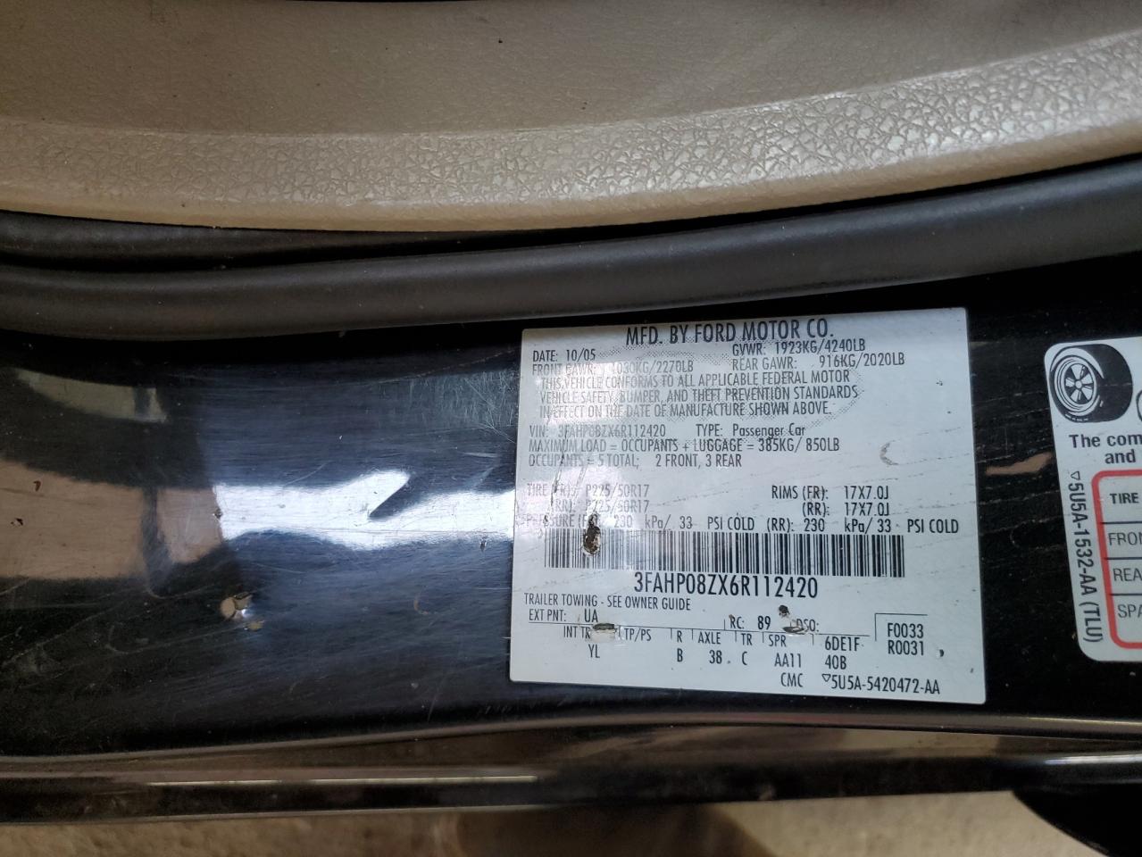 2006 Ford Fusion Sel VIN: 3FAHP08ZX6R112420 Lot: 64660384