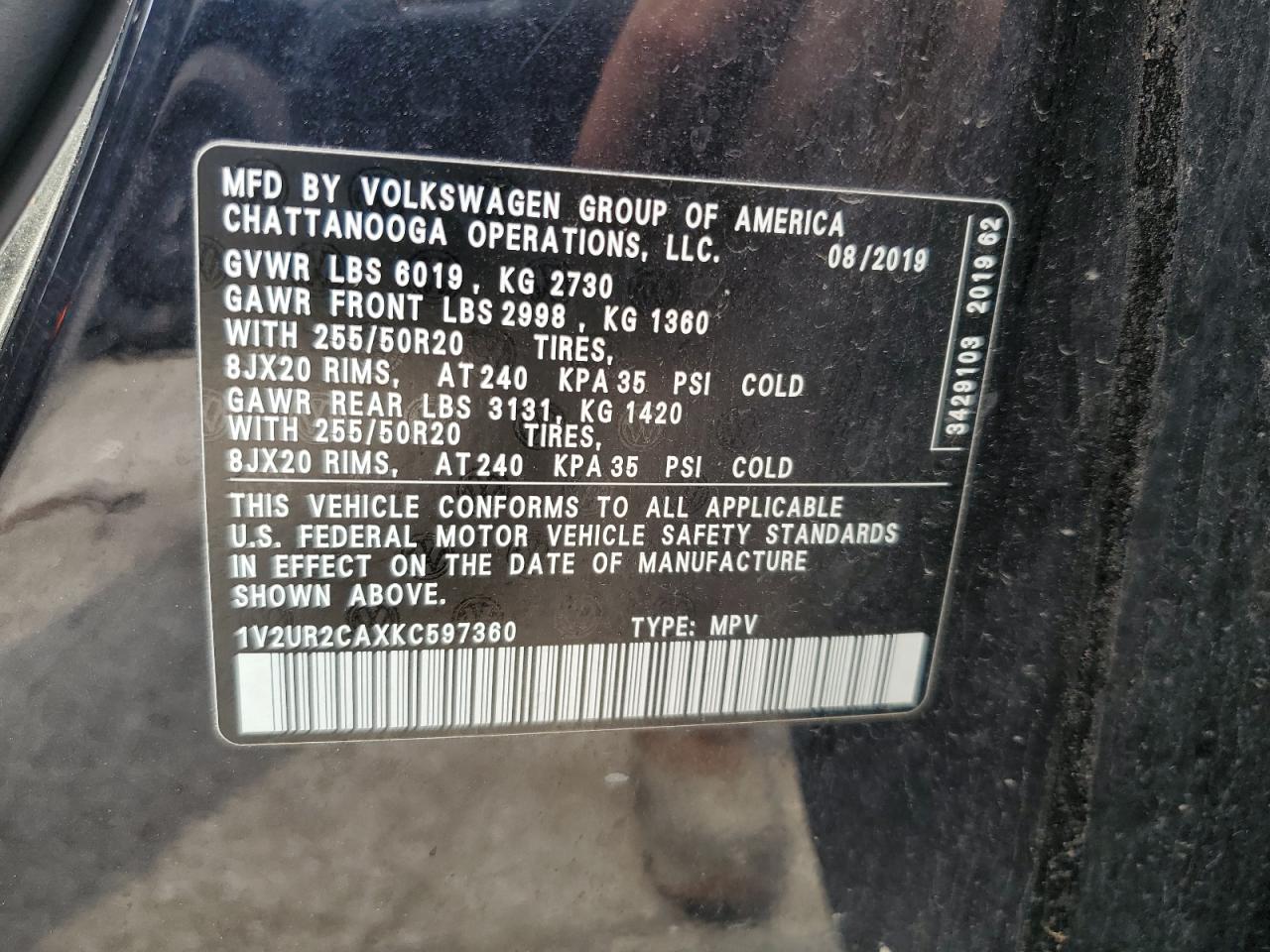 2019 Volkswagen Atlas Se VIN: 1V2UR2CAXKC597360 Lot: 64716054
