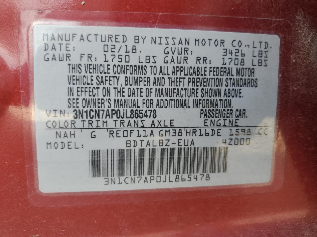 2018 Nissan Versa S VIN: 3N1CN7AP0JL865478 Lot: 66774224