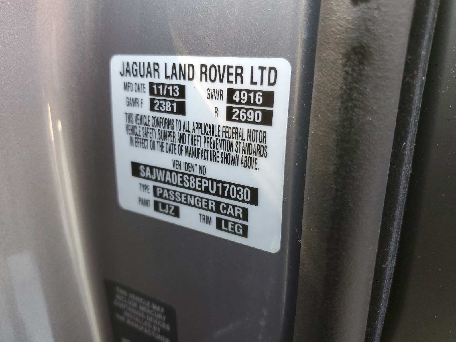 SAJWA0ES8EPU17030 2014 Jaguar Xf