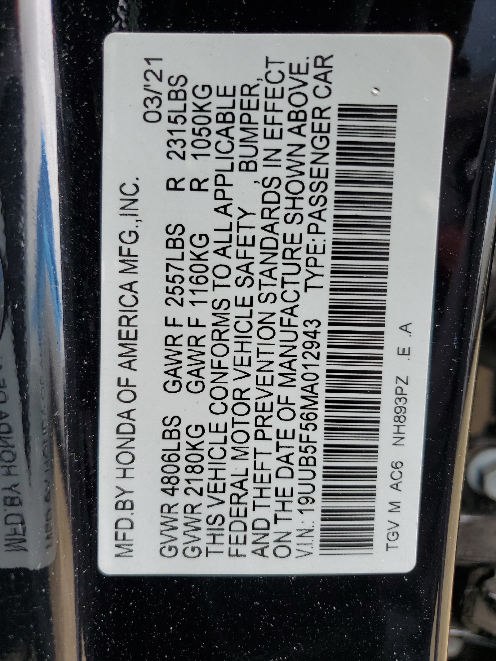 19UUB5F56MA012943 2021 Acura Tlx Tech A