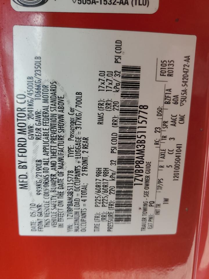 2011 Ford Mustang VIN: 1ZVBP8AM3B5115778 Lot: 67116174