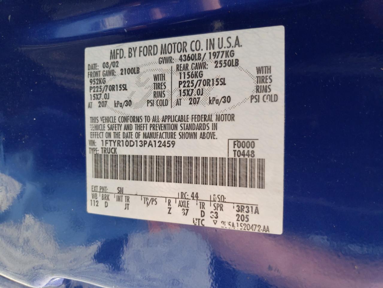 2003 Ford Ranger VIN: 1FTYR10D13PA12459 Lot: 68340484