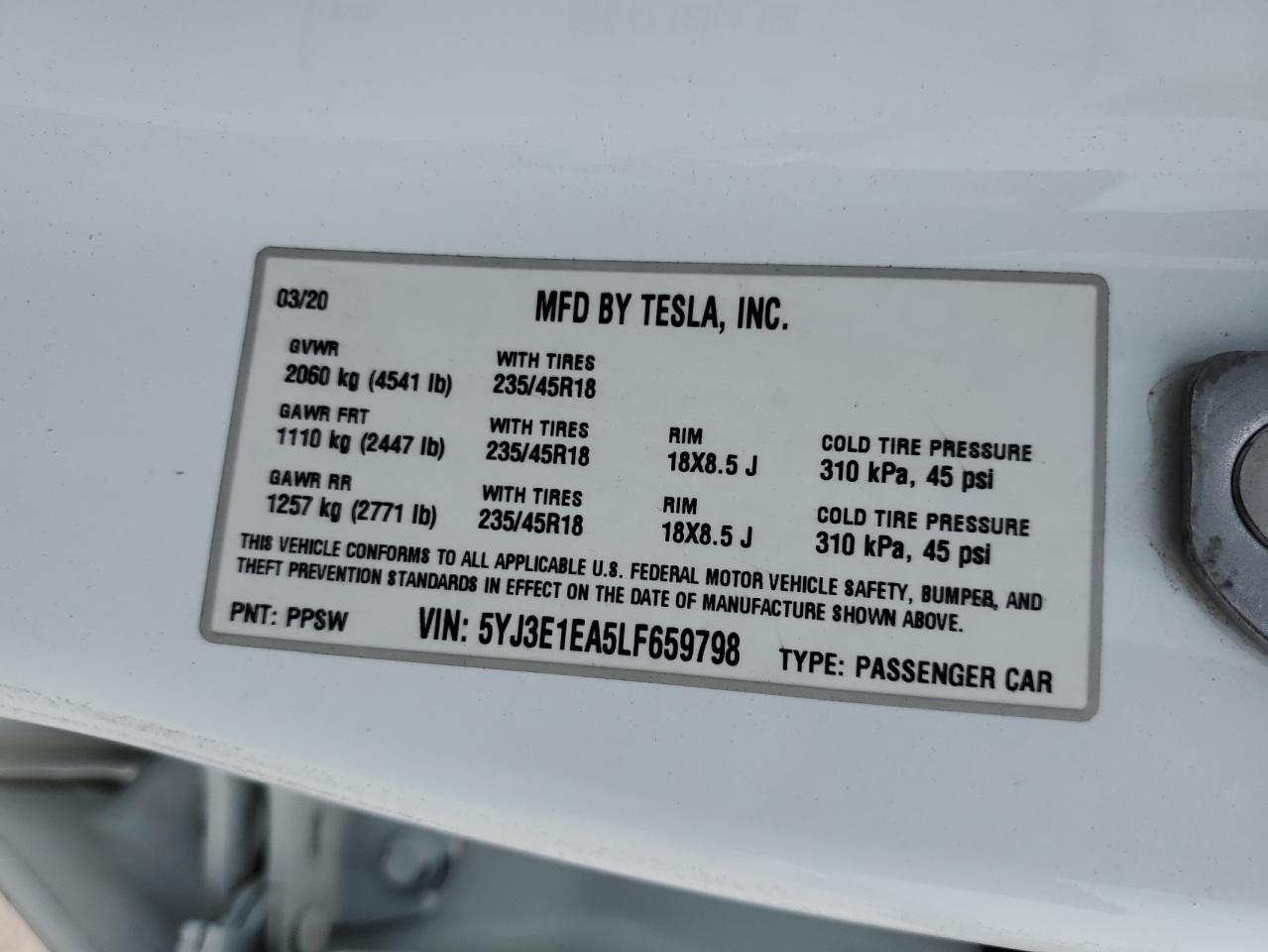 5YJ3E1EA5LF659798 2020 Tesla Model 3