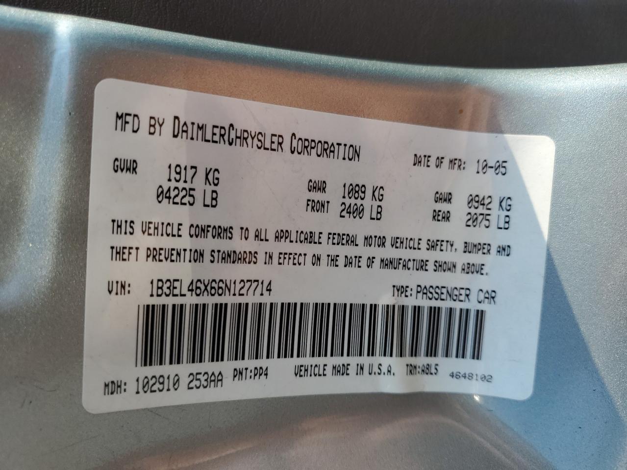 2006 Dodge Stratus Sxt VIN: 1B3EL46X66N127714 Lot: 64972584