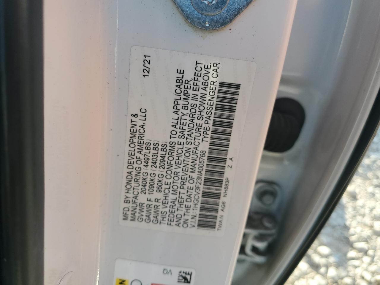 1HGCV3F23NA005768 2022 Honda Accord Hybrid Sport