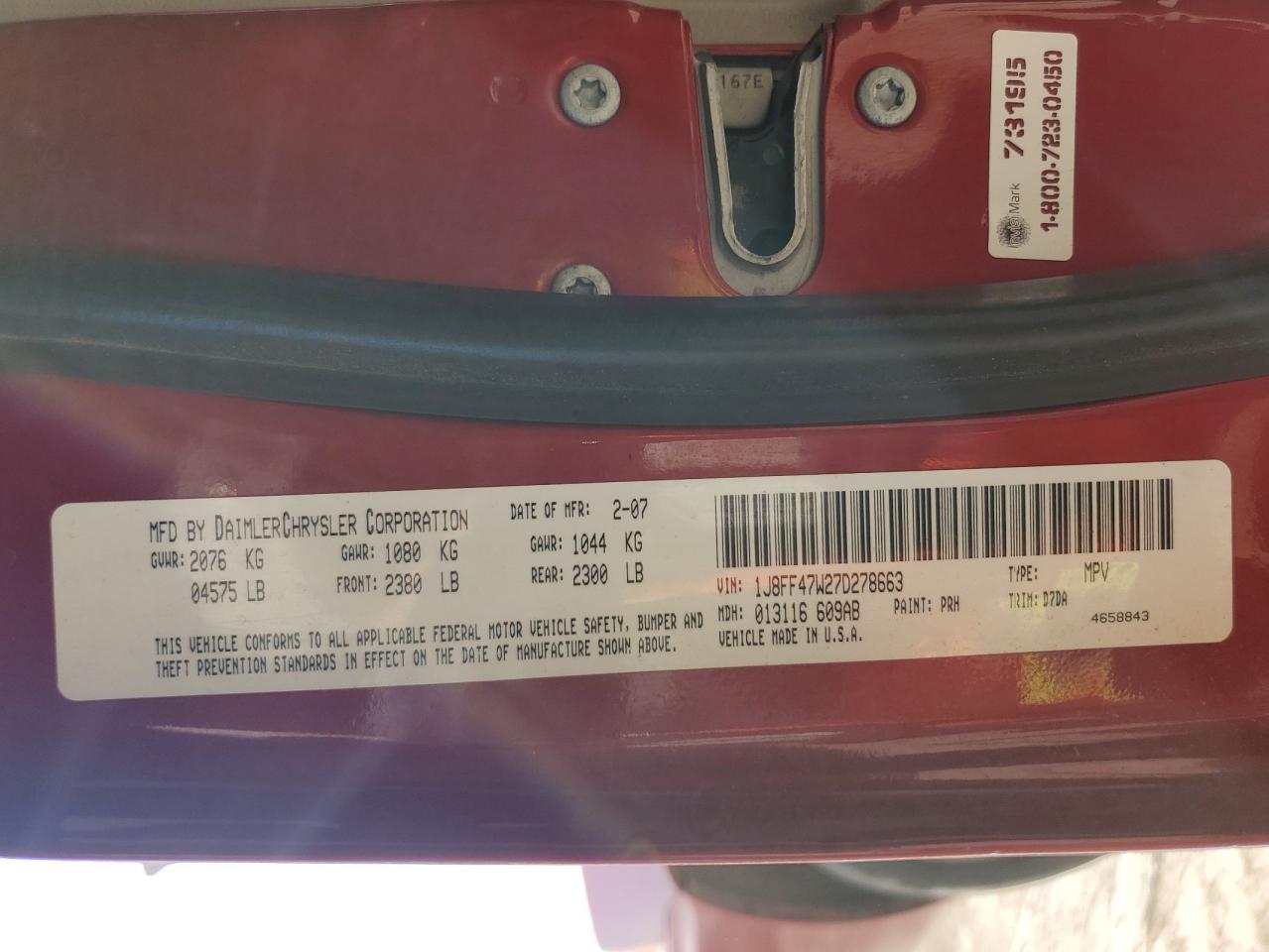 2007 Jeep Compass VIN: 1J8FF47W27D278663 Lot: 67194514