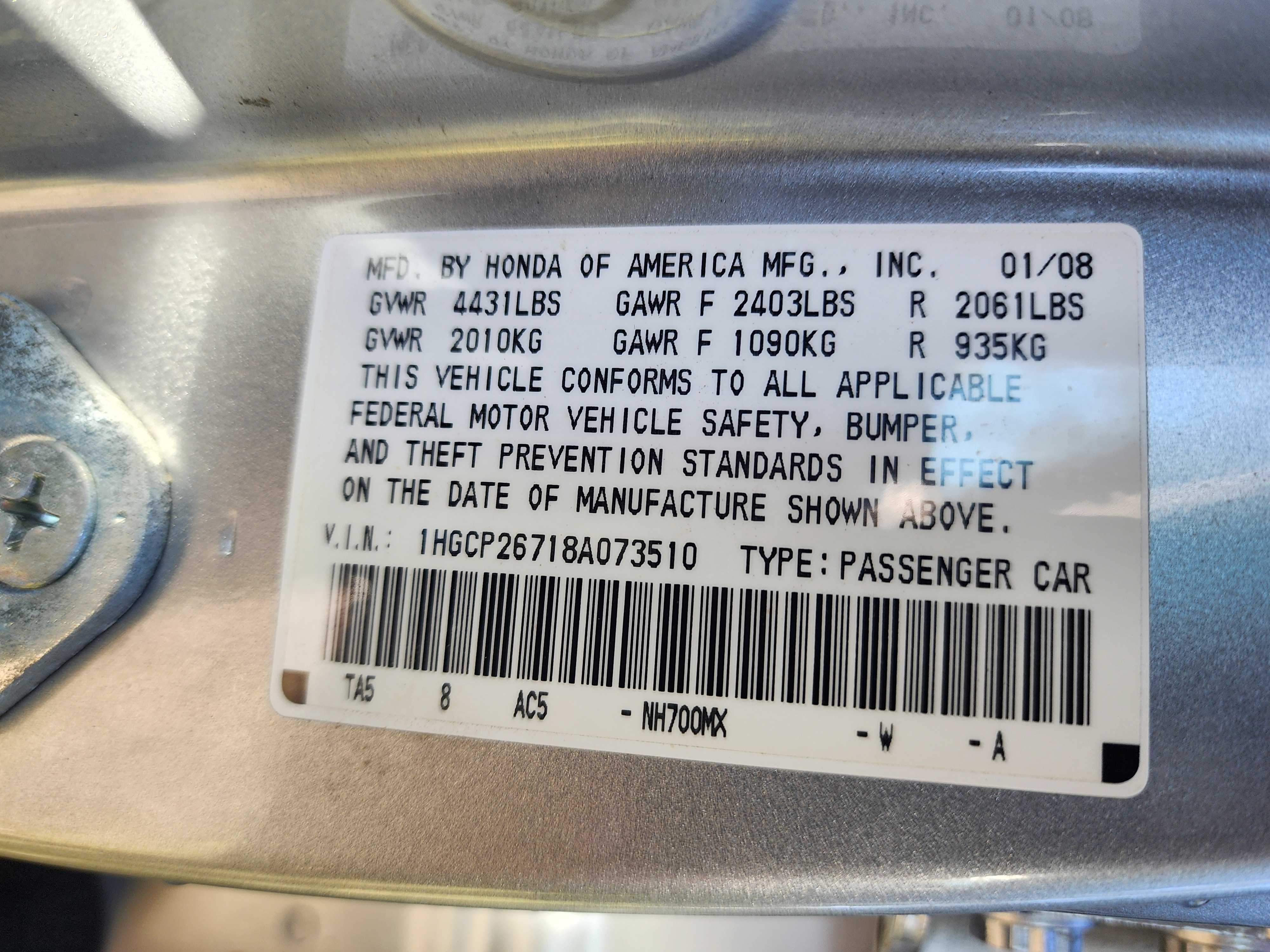 1HGCP26718A073510 2008 Honda Accord Ex