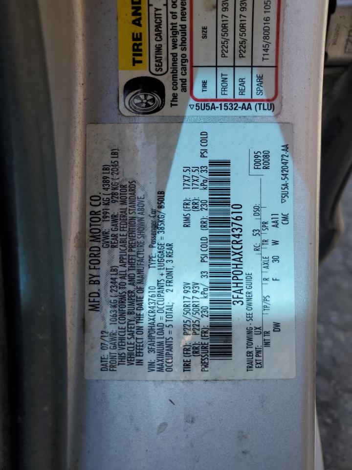 3FAHP0HAXCR437610 2012 Ford Fusion Se