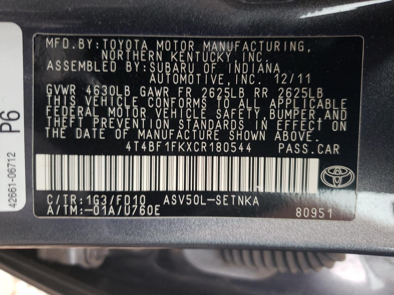 4T4BF1FKXCR180544 2012 Toyota Camry Base