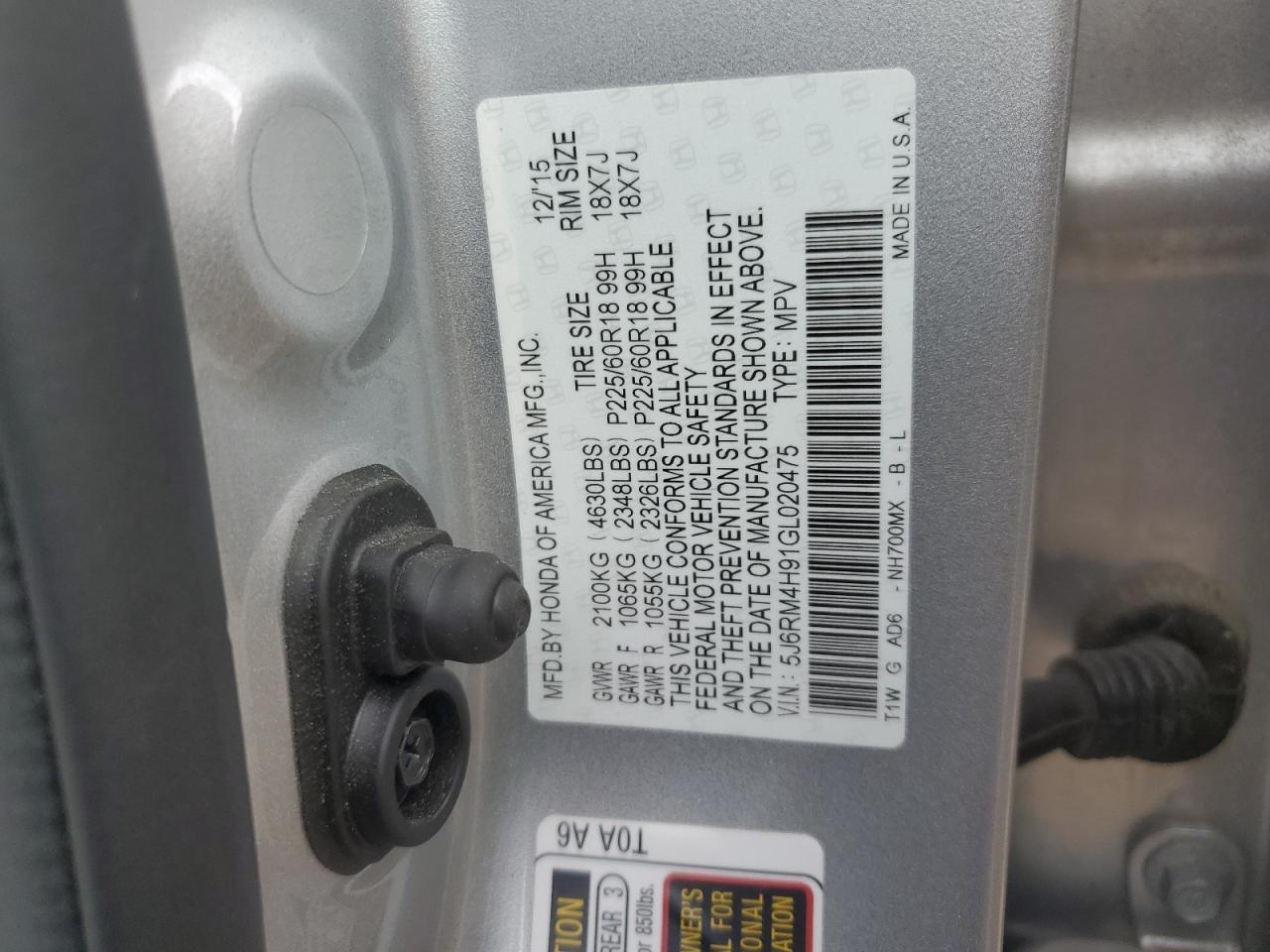 2016 Honda Cr-V Touring VIN: 5J6RM4H91GL020475 Lot: 66735064