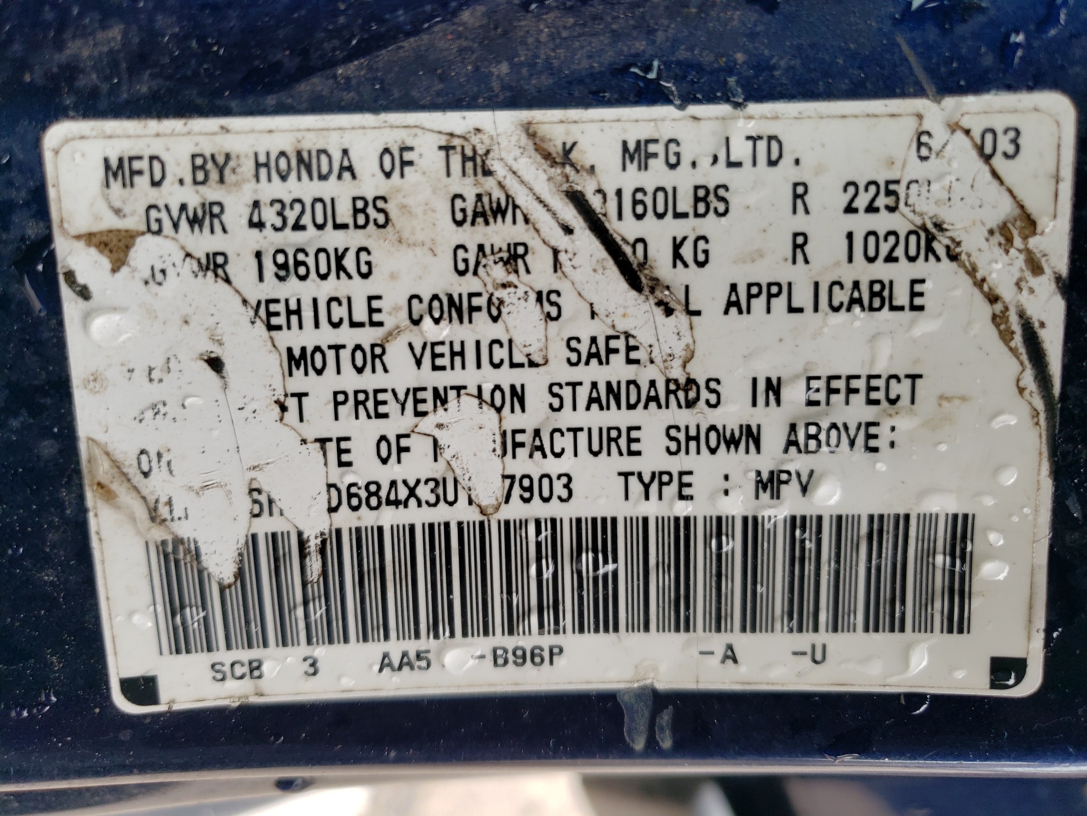 SHSRD684X3U107903 2003 Honda Cr-V Lx