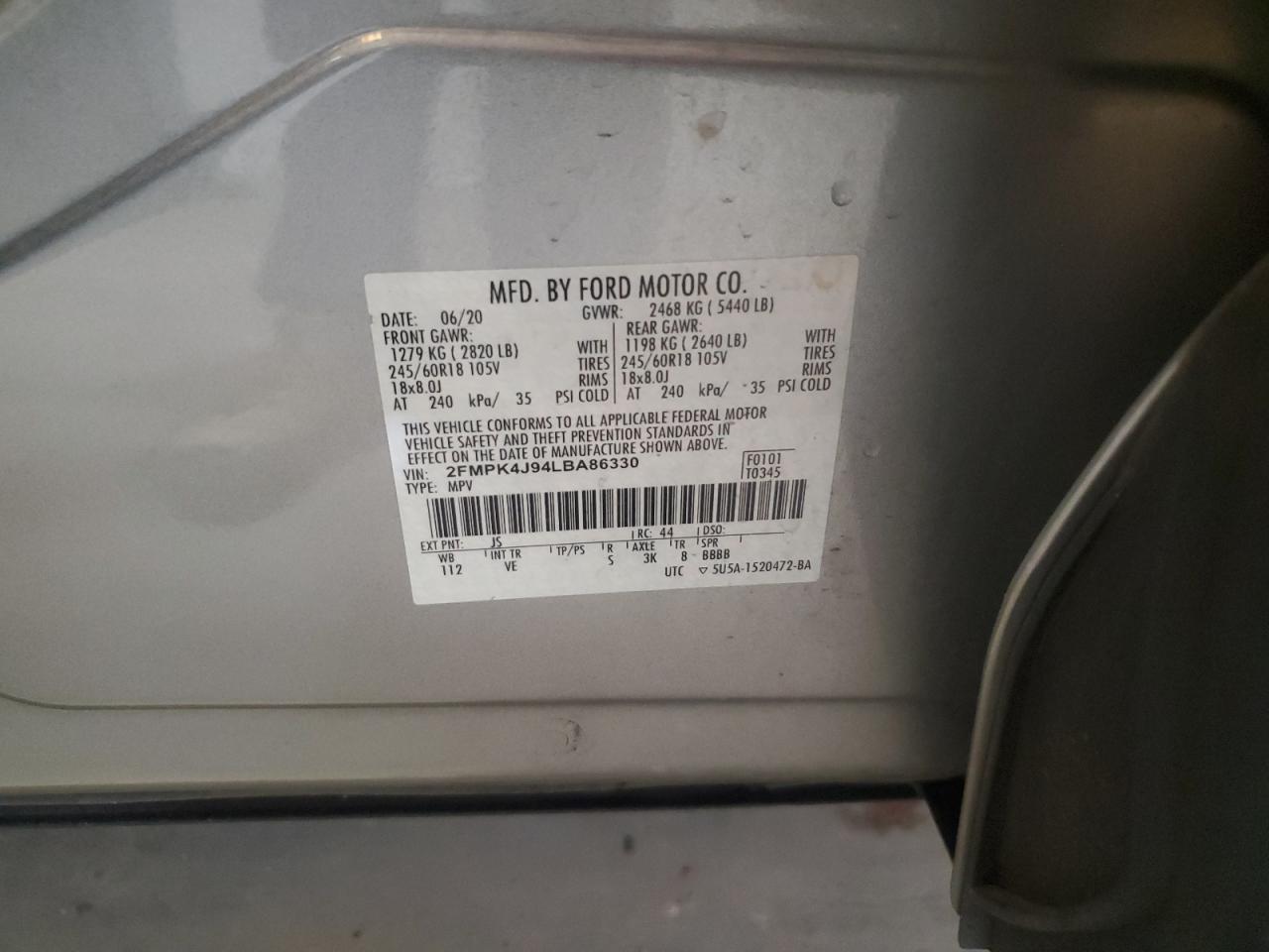 2020 Ford Edge Sel VIN: 2FMPK4J94LBA86330 Lot: 65867204