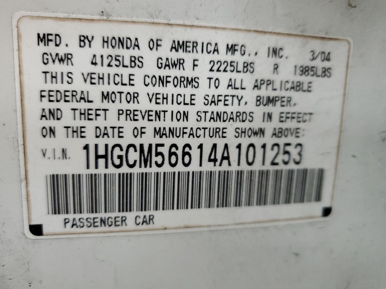 1HGCM56614A101253 2004 Honda Accord Ex