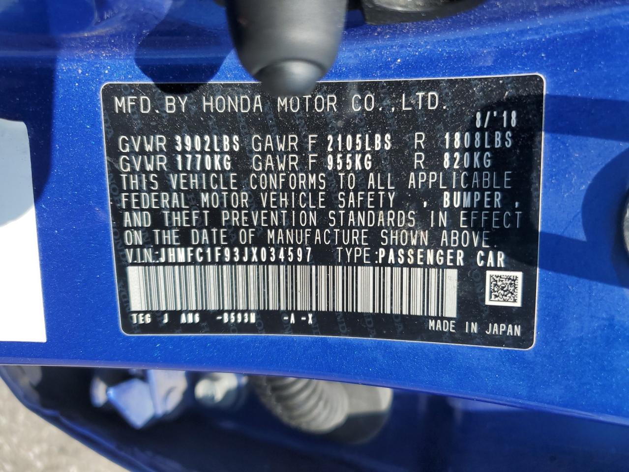 2018 Honda Civic Touring VIN: JHMFC1F93JX034597 Lot: 60883244