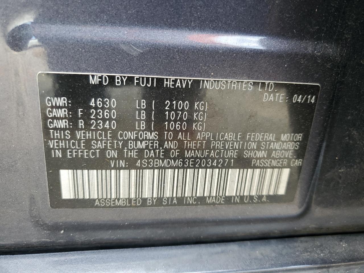 2014 Subaru Legacy 3.6R Limited VIN: 4S3BMDM63E2034271 Lot: 67244234