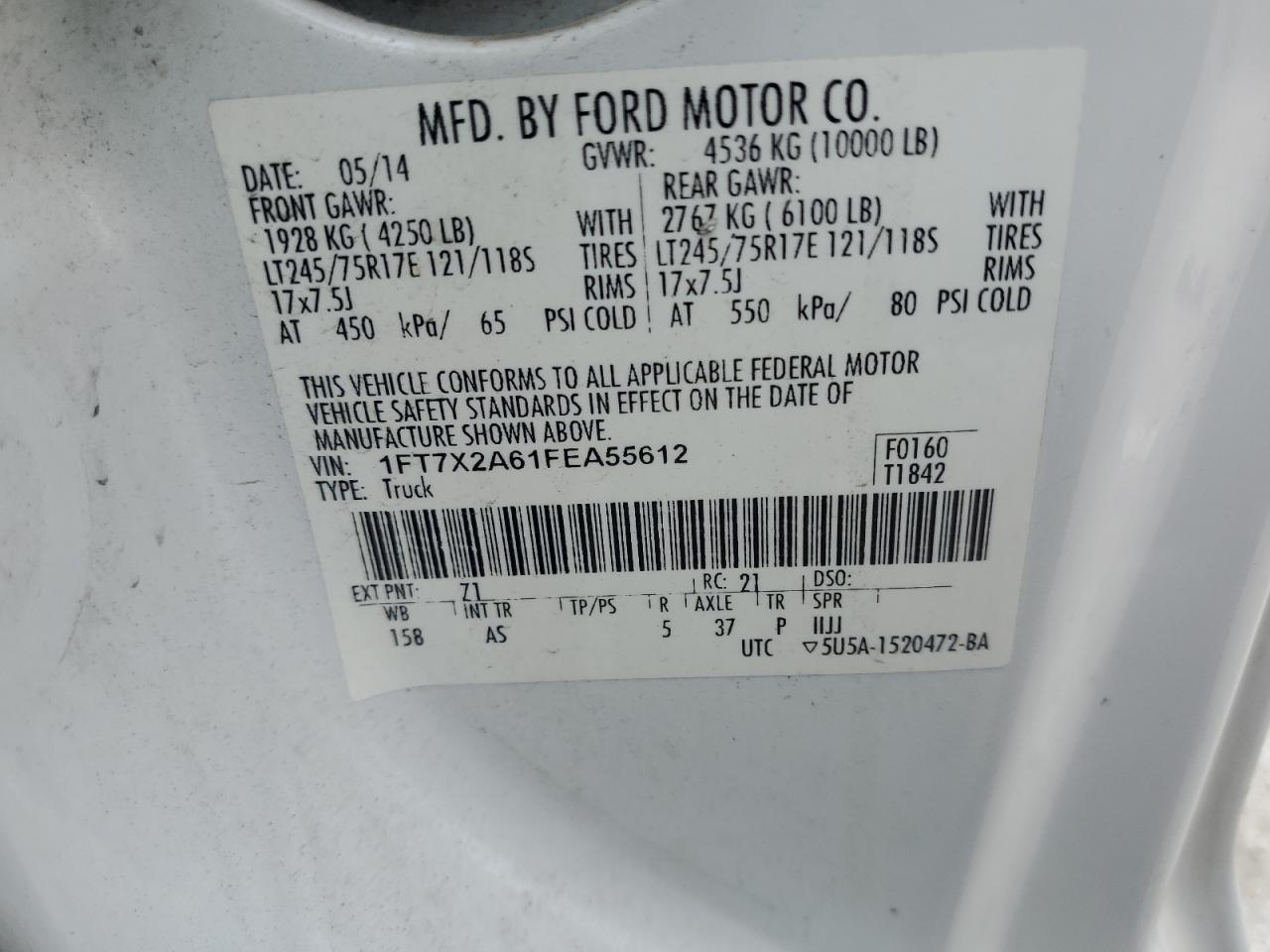 1FT7X2A61FEA55612 2015 Ford F250 Super Duty
