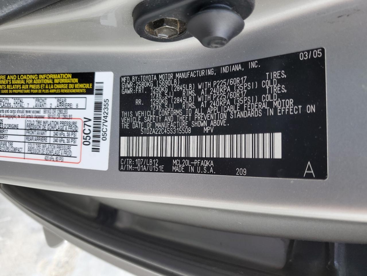 5TDZA22C45S315508 2005 Toyota Sienna Xle