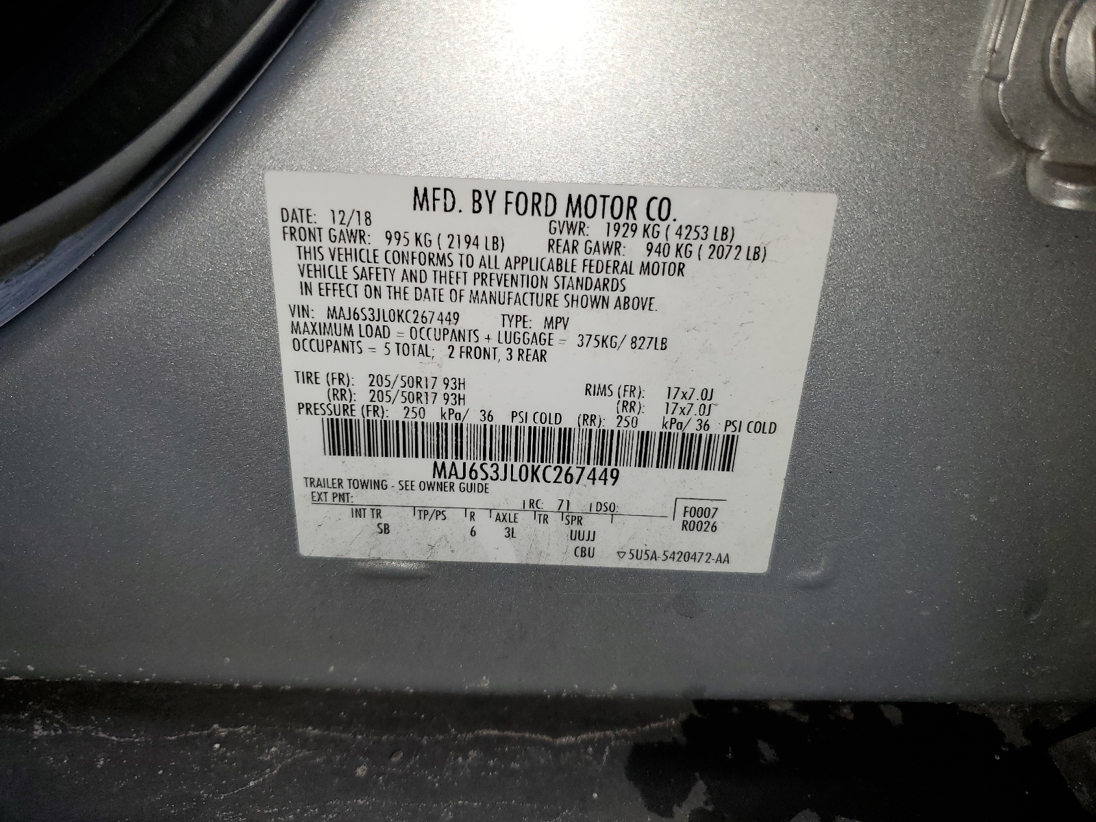 MAJ6S3JL0KC267449 2019 Ford Ecosport Ses