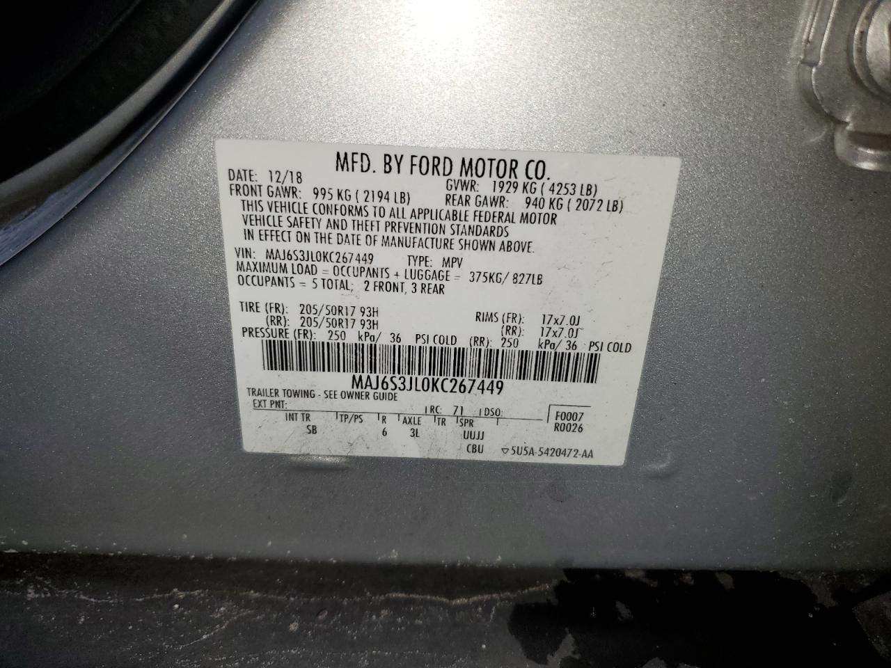 2019 Ford Ecosport Ses VIN: MAJ6S3JL0KC267449 Lot: 64010354