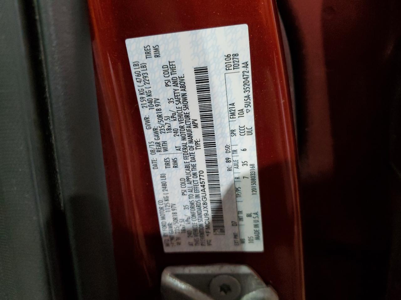 2016 Ford Escape Titanium VIN: 1FMCU9JX8GUA45770 Lot: 65147134