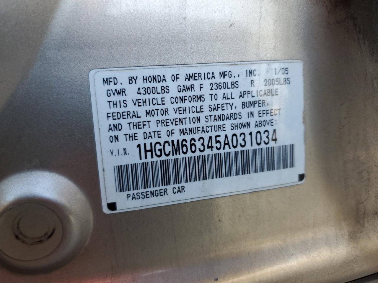 2005 Honda Accord Lx VIN: 1HGCM66345A031034 Lot: 65292044