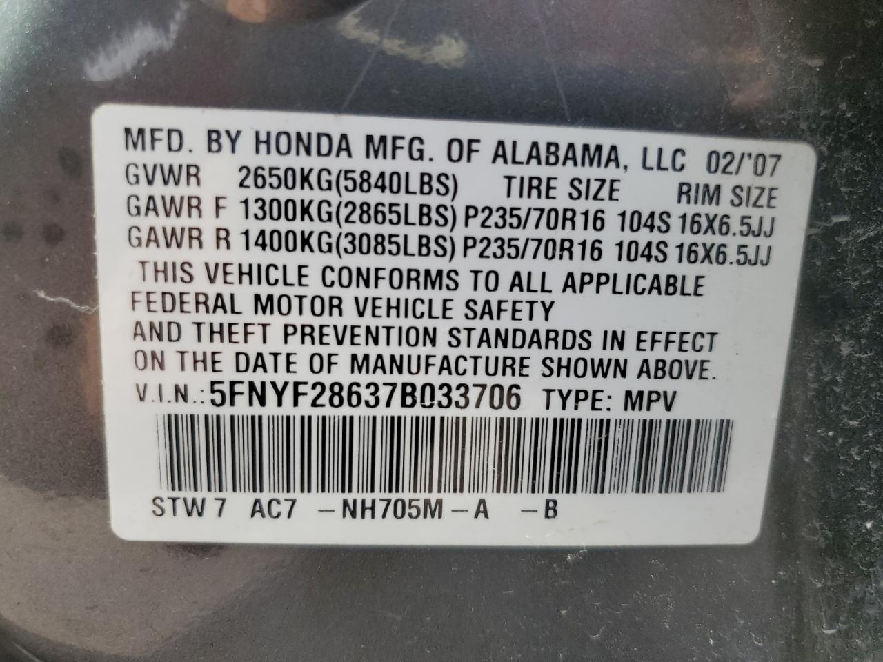 2007 Honda Pilot Exl VIN: 5FNYF28637B033706 Lot: 65665194