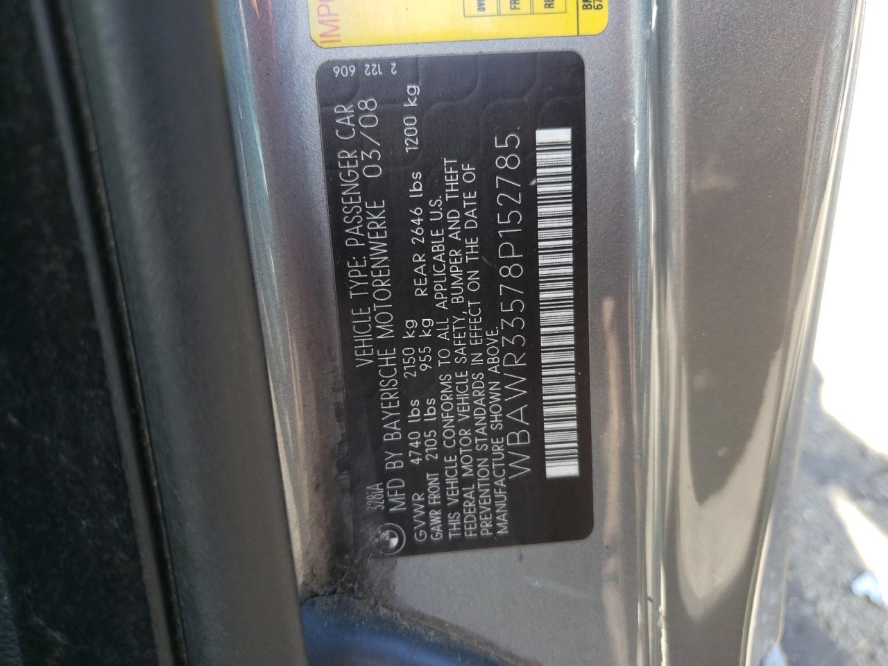 2008 BMW 328 I Sulev VIN: WBAWR33578P152785 Lot: 67058274