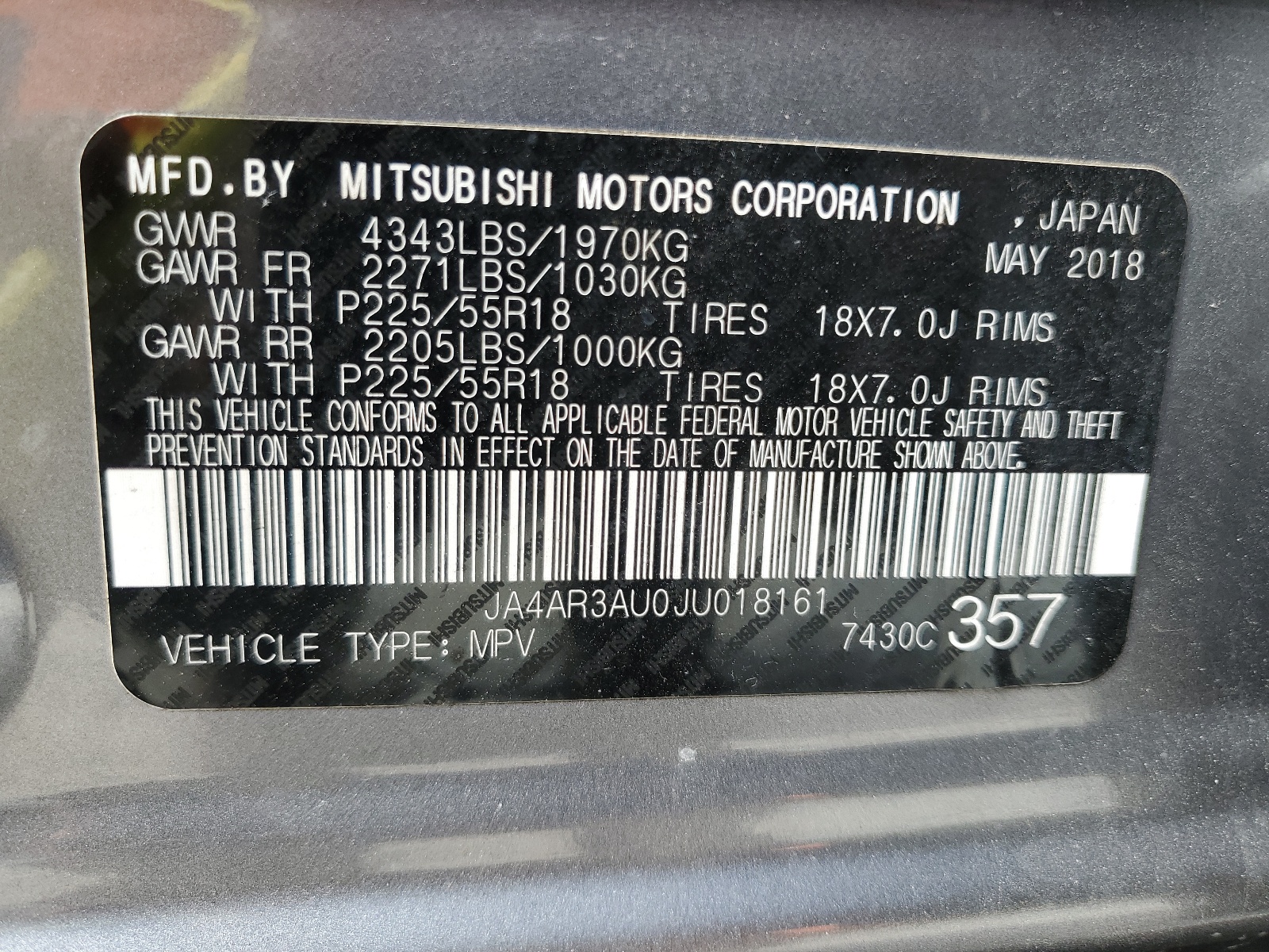 JA4AR3AU0JU018161 2018 Mitsubishi Outlander Sport Es