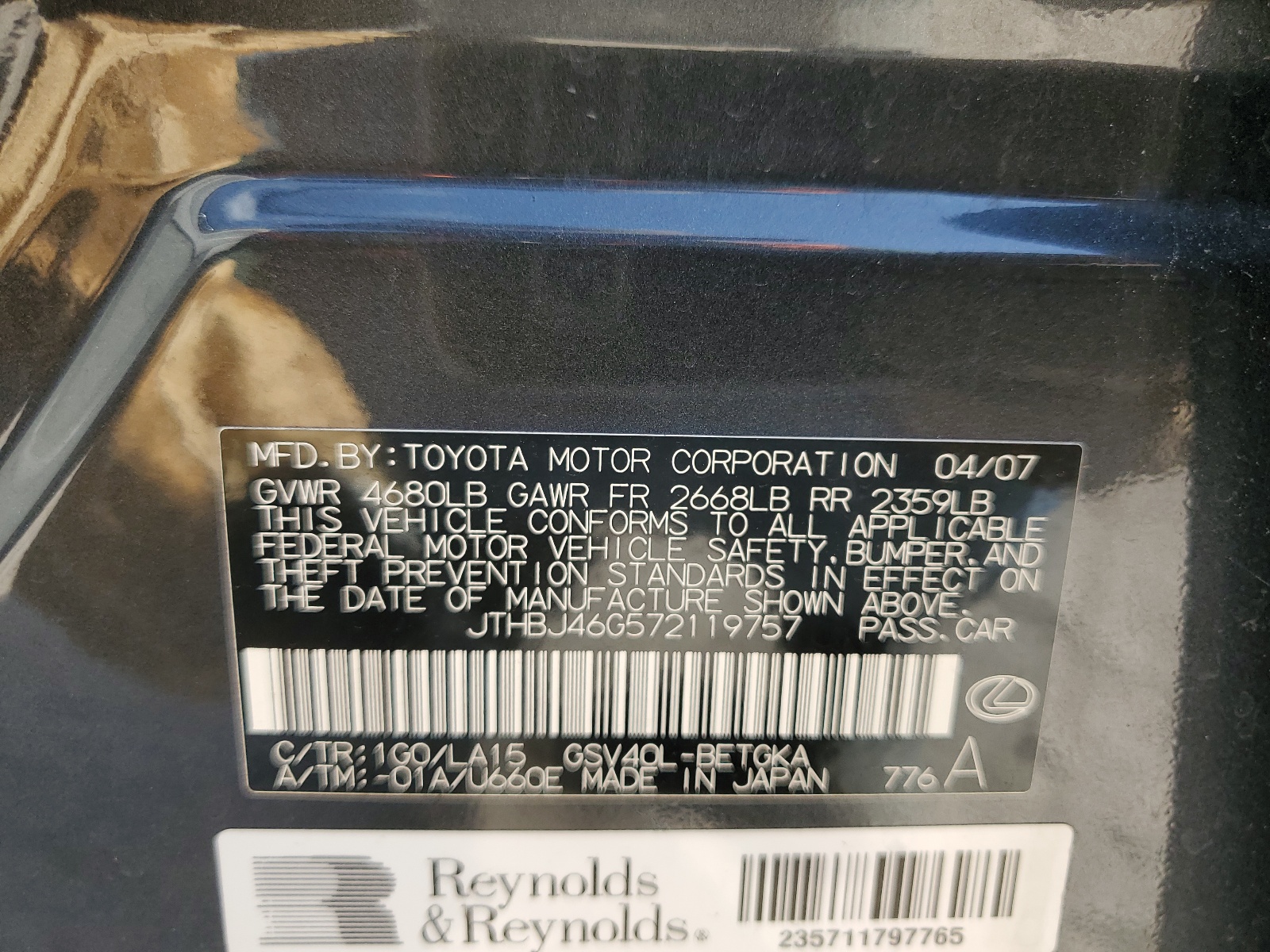 JTHBJ46G572119757 2007 Lexus Es 350